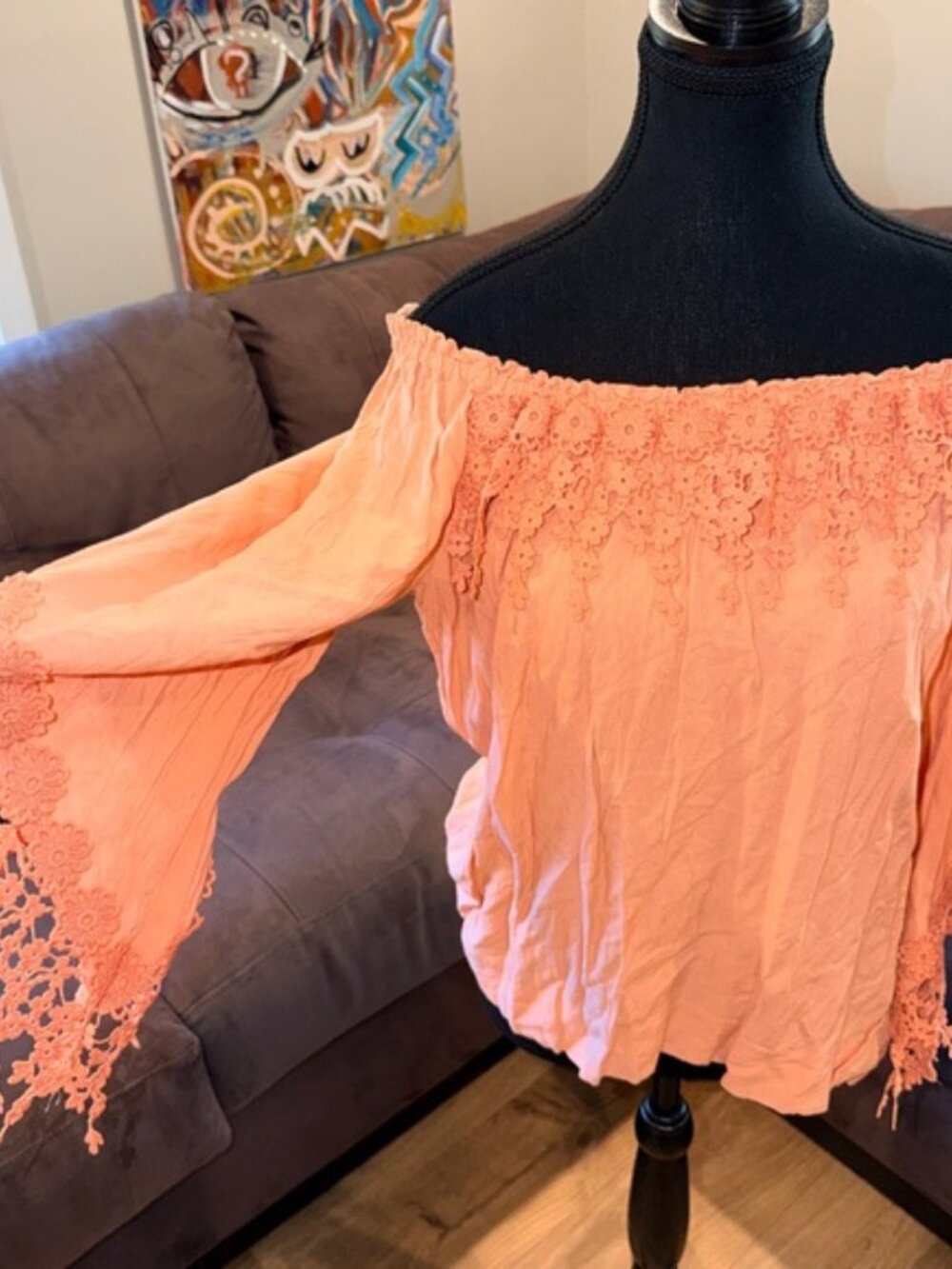 Melissa Paige Coral Off-Shoulder Lace Trim Blouse - Picture 2 of 3